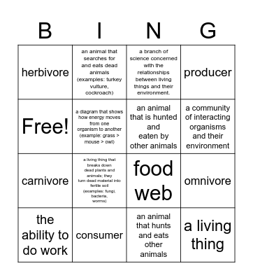 Food Chains and Food Webs Bingo Card