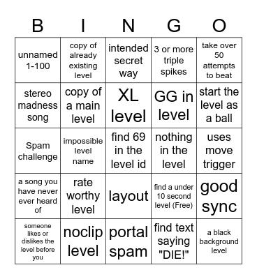 geometry dash recent bingo Card