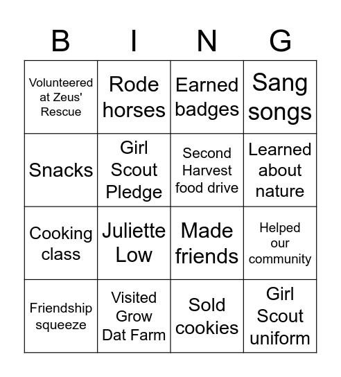 Brownie Troop 46051 Bingo Card