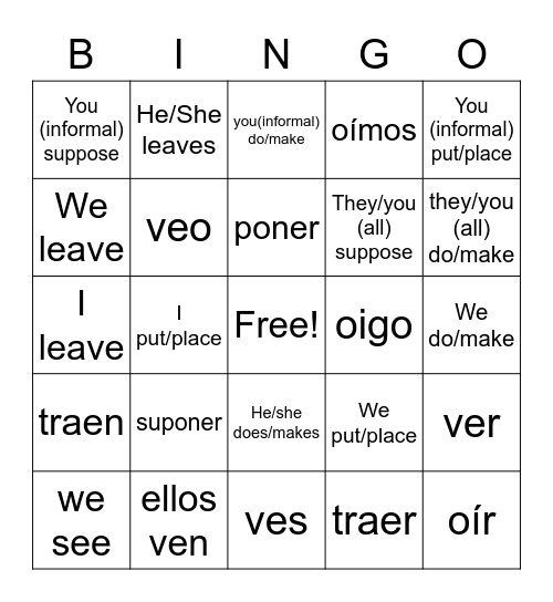 Descubre 4.4 Verbs with irregular yo forms Bingo Card