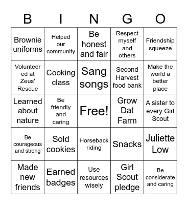 Brownie Troop 46051 Bingo Card