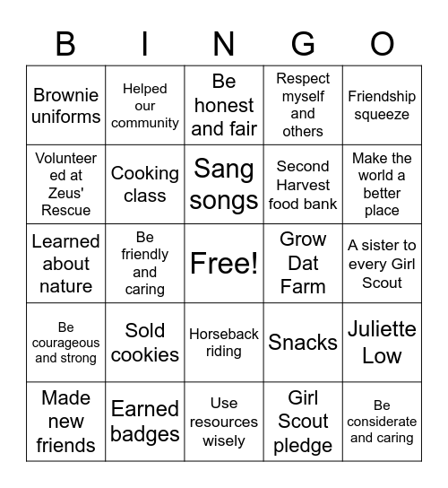 Brownie Troop 46051 Bingo Card