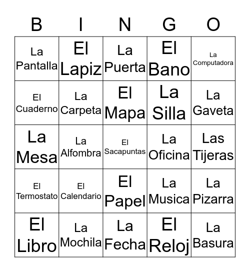 Spanish classroom objects Bingo Card