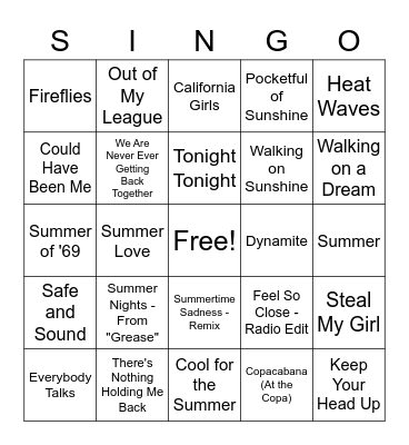 Summer SING - O Bingo Card