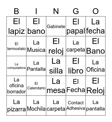 Spanish Classroom Objects Bingo Card