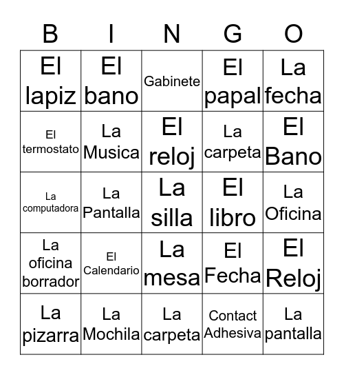 Spanish Classroom Objects Bingo Card