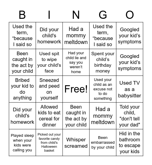 Guilty MOM Bingo Card