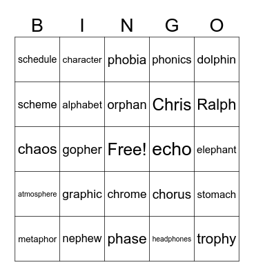 Ch and Ph BINGO Card