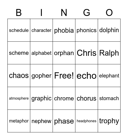 Ch and Ph BINGO Card