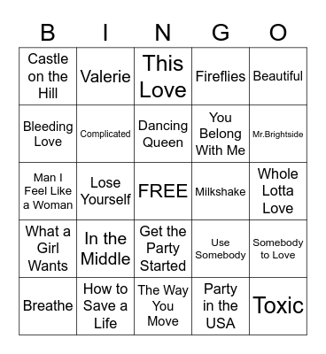 2000s (and mixed) Pop Hits Bingo Card