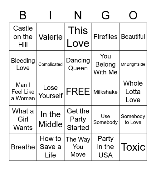 2000s (and mixed) Pop Hits Bingo Card