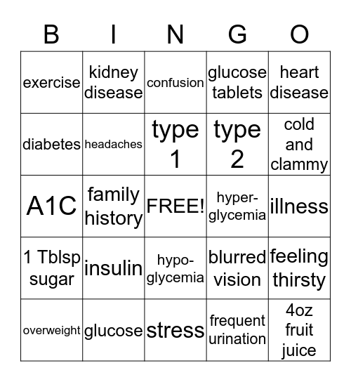 DIABETES  BINGO Card