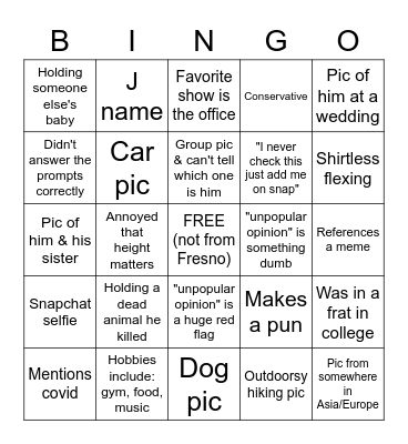 Marissa's dating app safari Bingo Card