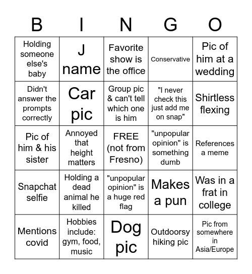 Marissa's dating app safari Bingo Card