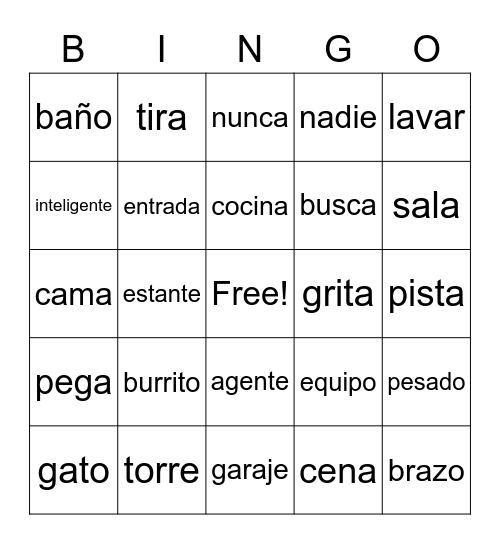 Vocabulary words Bingo Card