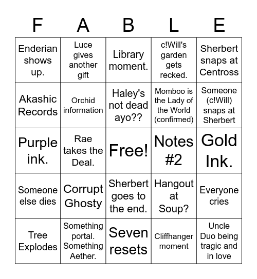 Fable Season 1 Finale Bingo Card