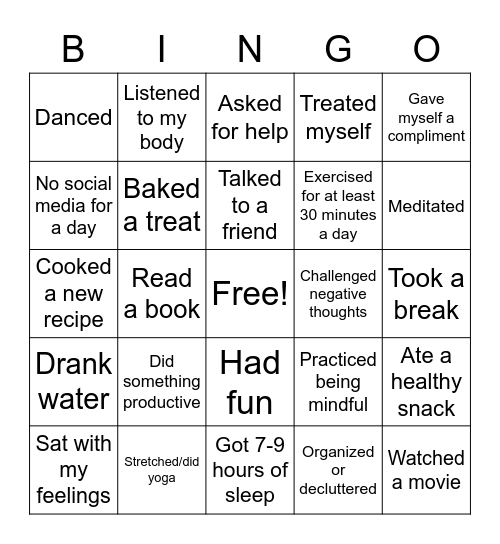 Self Care Bingo Card