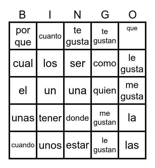 Spanish 1 Activity Centers Bingo Card