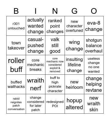 Apex Legends Patch Bingo Card