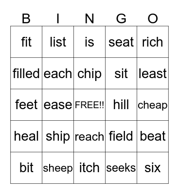 /iy/ or /I/ Bingo Card