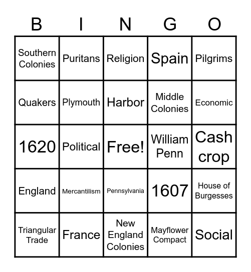 Exploration and Colonization Vocab Bingo Card