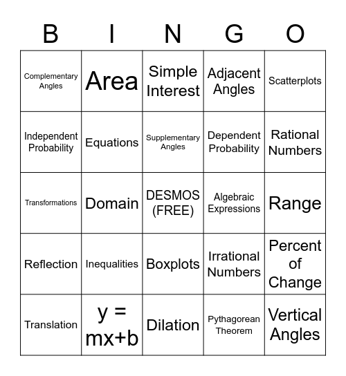 Math 8 BINGO (2022) Bingo Card