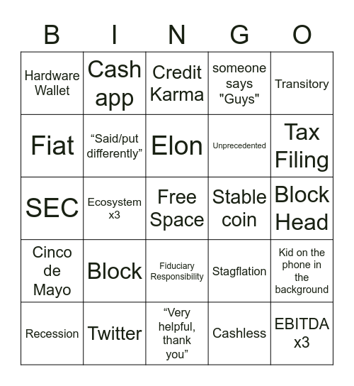 Earnings Bingo Card
