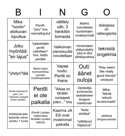 Kritiikkibingo Card