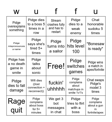 Pidge's 24 hour stream bingo Card