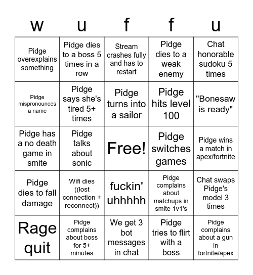 Pidge's 24 hour stream bingo Card