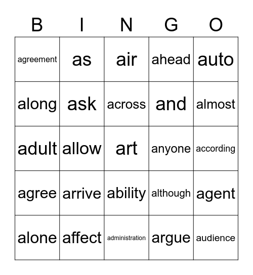 Words that start with A Bingo Card