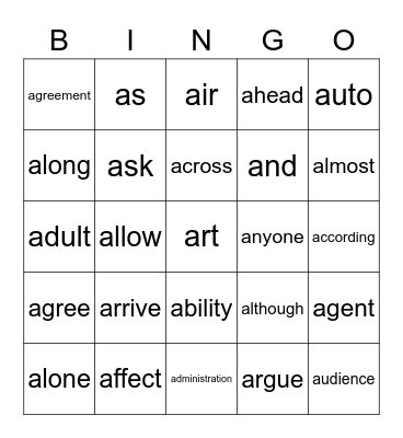Words that start with A Bingo Card