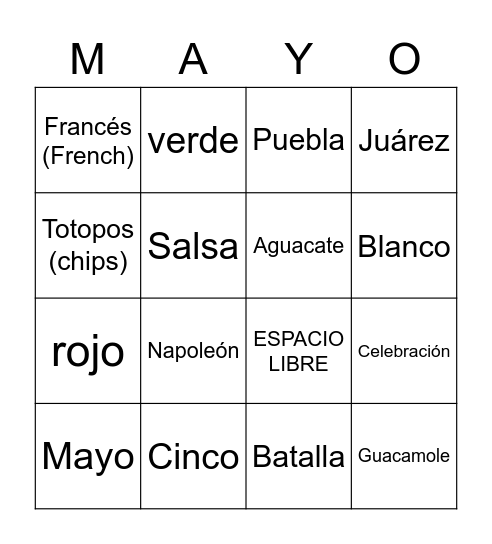 EL CINCO DE MAYO Bingo Card