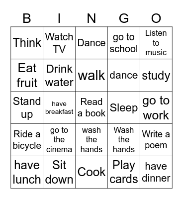 Action verbs Bingo Card