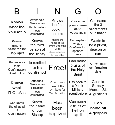 Confirmation Bingo Card