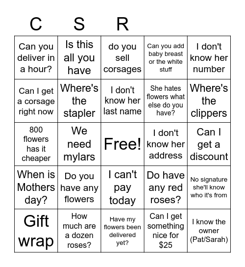 CSR Bingo Card