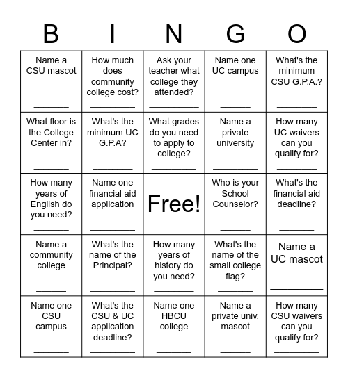 GEAR UP Commitment Day Bingo Card