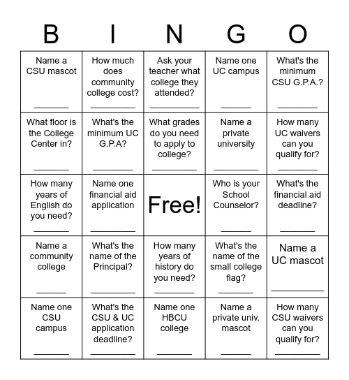 GEAR UP Commitment Day Bingo Card GEAR UP Commitment Day Bingo Card