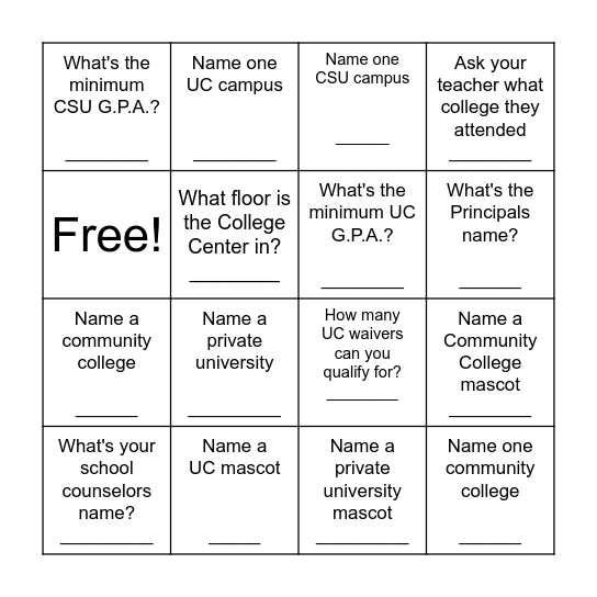 GEAR UP Commitment Day Bingo Card