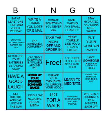 Thrive Mental Health Bingo Card