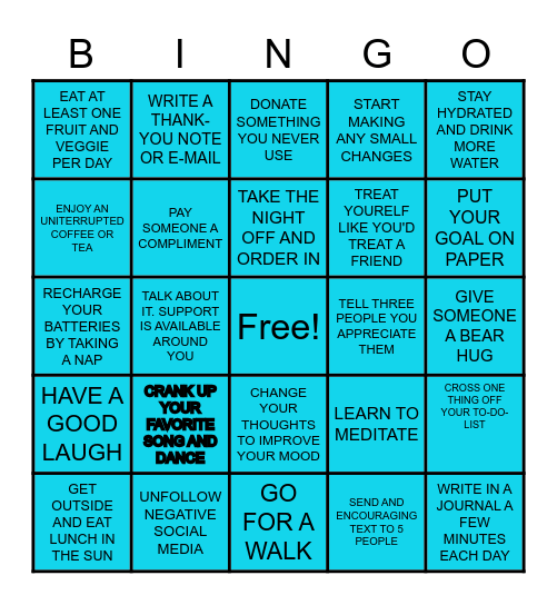 Thrive Mental Health Bingo Card