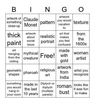 Art Museum Bingo Card