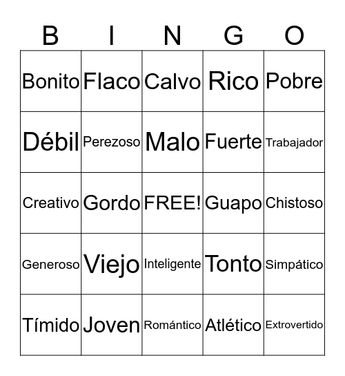 Spanish bingo Card