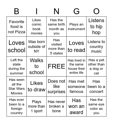 Middle School Bingo Card