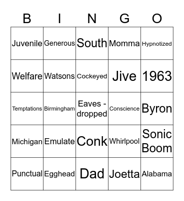 The Watsons Go to Birmingham  Bingo Card