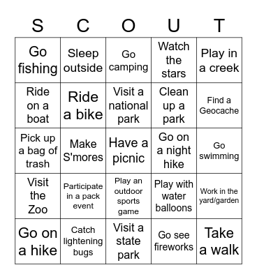Cub Scout Outdoor Activity Bingo Card