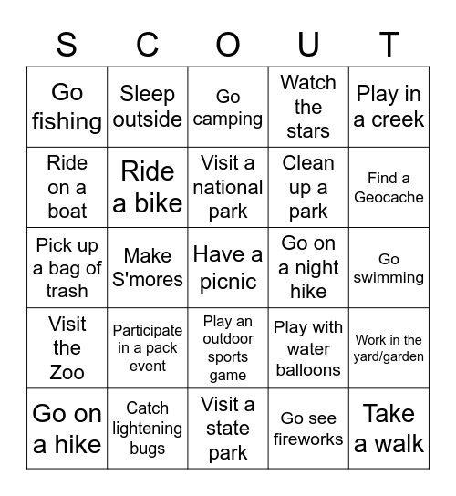 Cub Scout Outdoor Activity Bingo Card