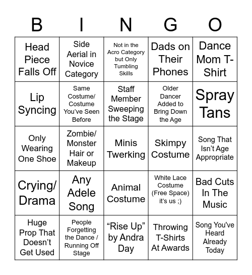 Dance Competition Bingo Card