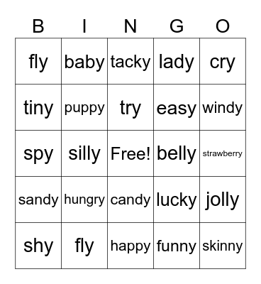 Words that end in "y" Bingo Card