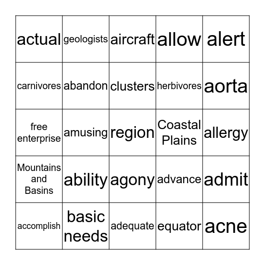 Vocabulary Bingo Card